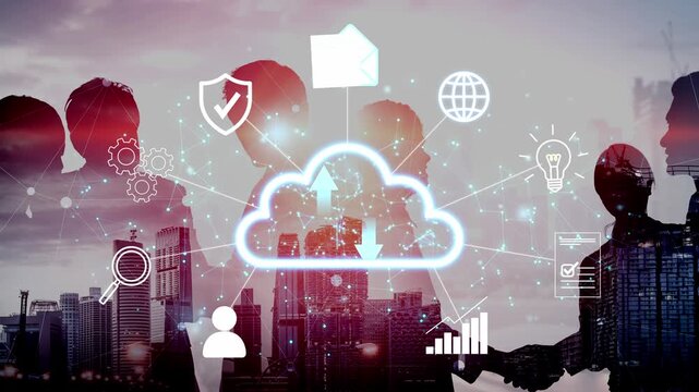 Cloud Computing Concept in Business Environment with Silhouettes, Cityscape, and Graphic Icons Illustrating Connectivity and Data Management Solutions. Entropy.