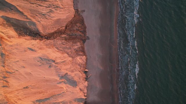 Cinematic top-down drone footage of an eroded sandy coastal cliff beside a dark beach, with ocean waves washing onto the Danish shoreline in warm evening light.