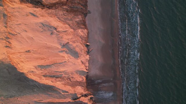 Cinematic top-down drone footage of an eroded sandy coastal cliff beside a dark beach, with ocean waves washing onto the Danish shoreline in warm evening light.