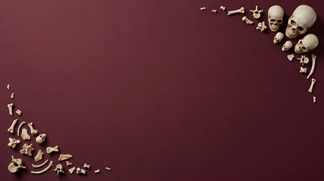 Dramatic still life arrangement of skulls and dark floral elements on a burgundy background