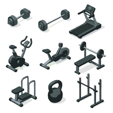 Press treadmill stepper gym rowing machine icon squat isometric bike icons vector