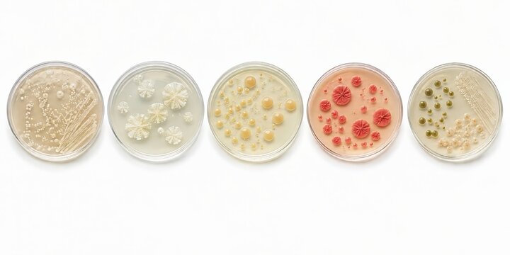 Plastic recycling bacterial cultures and engineered enzymes growing in five petri dishes, showing varied colony morphologies for microbiology research, PET biodegradation and bioremediation screening