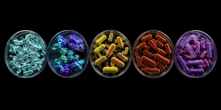 Plastic recycling bacteria and engineered enzymes displayed in five petri dishes, illustrating microbial PET degradation, biodegradation, bioremediation and biotechnology for circular waste solutions