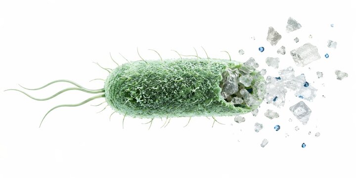 Ideonella sakaiensis bacterium breaking down PET plastic into fragments, conceptual microbiology illustration of enzymatic polymer degradation, bioremediation and biotechnology for plastic recycling