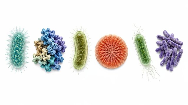 Plastic recycling bacteria and engineered enzyme structures isolated on white, visualizing microbial PET biodegradation, polymer breakdown, bioremediation and biotechnology for waste treatment