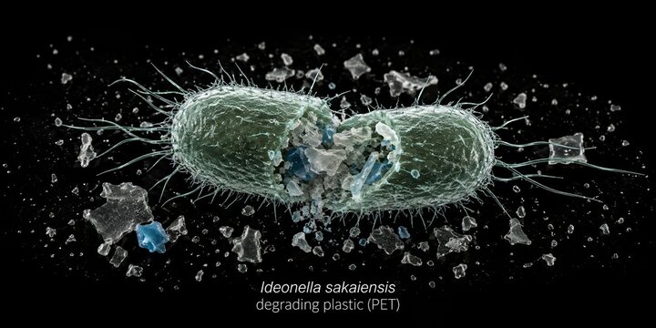 Ideonella sakaiensis degrading PET plastic inside a ruptured bacterial cell on black, scientific illustration of enzymatic polymer breakdown, biodegradation and microbial plastic recycling technology