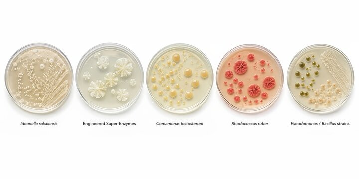 Plastic recycling microbes and engineered super-enzymes in labeled petri dishes, including Ideonella sakaiensis, Comamonas testosteroni, Rhodococcus ruber, Pseudomonas and Bacillus strains for PET