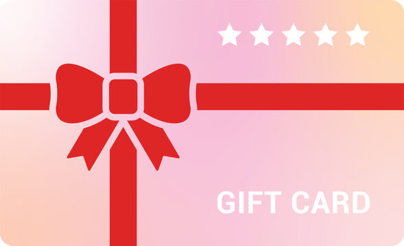 Gift card with red ribbon and bow, pink gradient background, vector illustration