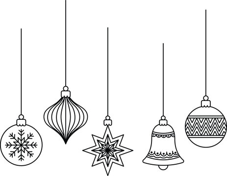 Set of christmas ornaments hanging on strings outline vector illustration