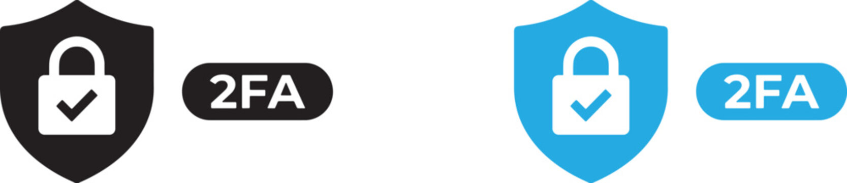 Twofactor authentication shield icons with padlocks and checkmarks, black and blue set