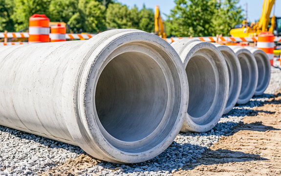 Large concrete pipes on gravel at road construction site