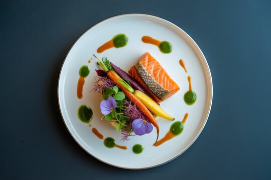 Gourmet salmon fillet dish with roasted baby carrots and edible flowers