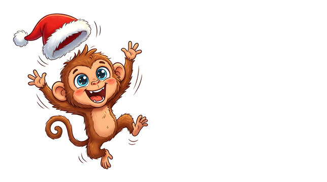 An incredibly excited cartoon Christmas monkey jumping with joy, giant sparkling eyes, enormous happy smile, tiny paws raised high, warm brown fur, bright red Santa hat flying upward, 