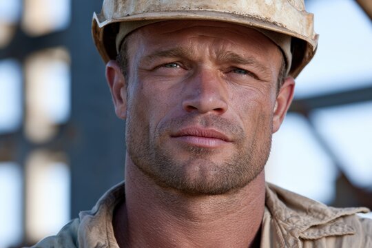 Close-up of construction worker face with hard hat and dusty background