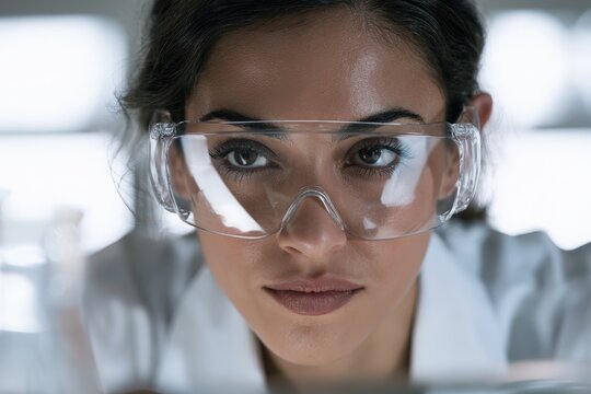 Scientist wearing protective goggles observing experiment in laboratory