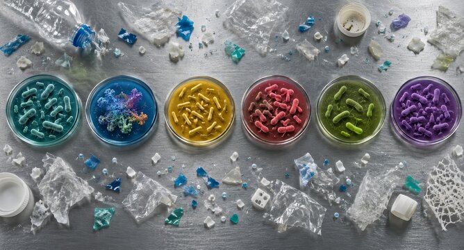 Plastic recycling bacteria and engineered enzymes in petri dishes surrounded by microplastic waste
