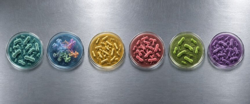 Engineered plastic-degrading bacteria and super-enzymes in colorful petri dishes with copy space