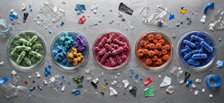 Plastic recycling bacteria and enzyme research in petri dishes amid colorful microplastic pollution