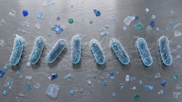 Plastic-degrading bacteria among microplastic fragments illustrating biological polymer recycling