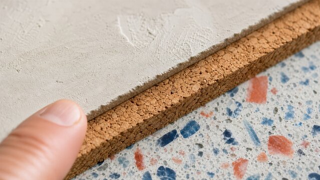 Man touching textured plaster and cork board sample for interior design renovation.