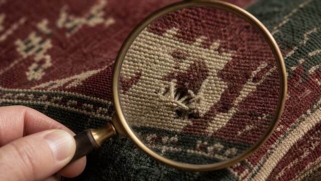 Textile conservator inspecting a moth hole in vintage fabric with a magnifying glass. Detail analysis of fiber damage for professional restoration and antique textile maintenance.