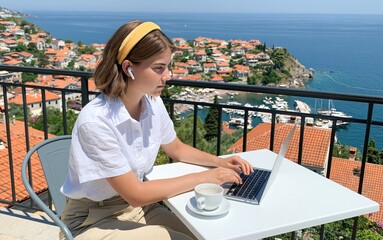 Fototapeta premium Woman working on a laptop at a balcony with a beautiful sea view as a digital nomad