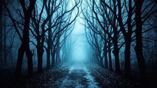 Dark forest path with bare trees in thick blue morning fog
