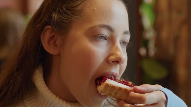 Close up of young woman eating cake in soft lighting. Woman holds and takes bites from dessert with warm indoor background details visible throughout. scene focuses on her actions as woman