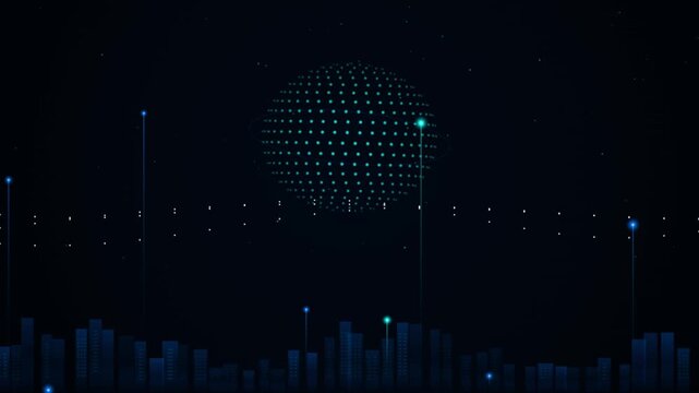 Futuristic Smart City Skyline with Digital Globe and Data Network Lights