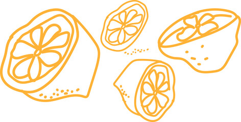 Obraz premium A simple hand drawn illustration of sliced lemons and lemon halves arranged on a clean white background surface
