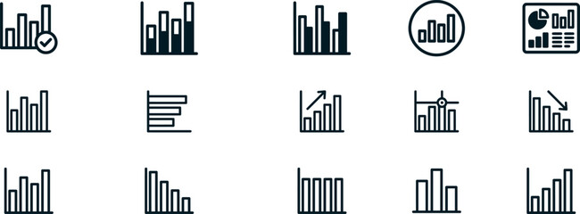 Obraz premium A collection of fifteen simple black line icons representing various business charts graphs and data analysis visualization tools