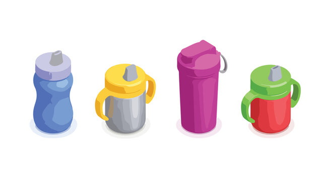 Set of colorful baby sippy cups with handles and lids