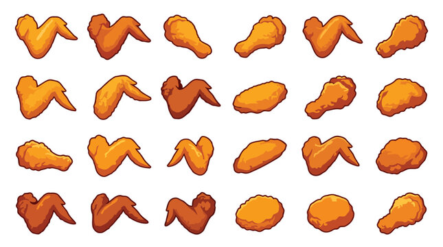 Set of various fried chicken wings and nuggets