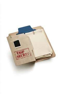 Top secret file folder with documents isolated on white background
