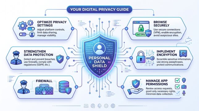 Digital privacy infographic showing personal data protection and cybersecurity shield steps.