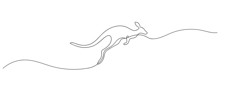 Single line drawing of a jumping kangaroo. Continuous line drawing capturing the dynamic movement of a kangaroo leaping through the Australian landscape and wilderness.
