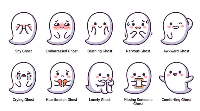 Cute ghost emoji emotion sheet vector illustration, set of funny cartoon ghosts showing different feelings like shy, crying, lonely, and blushing isolated on white background