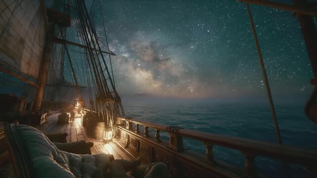 Europe medieval lifestyle. A vivid portrayal of a ships deck at night, bathed in the soft glow of the setting sun. The ships masts, rigging, and ropes are illuminated by the warm glow of lanterns.