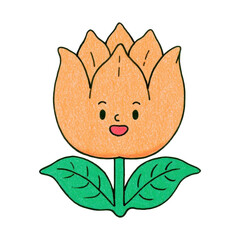 Naklejka premium PNG Cute cartoon flower with smiling face and green leaves.
