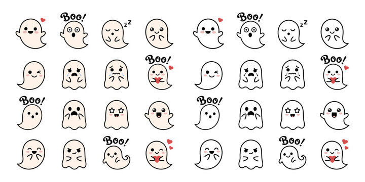 Cute cartoon ghost stickers with diverse emotional expressions in outline and filled styles for kids Halloween party decor and design.