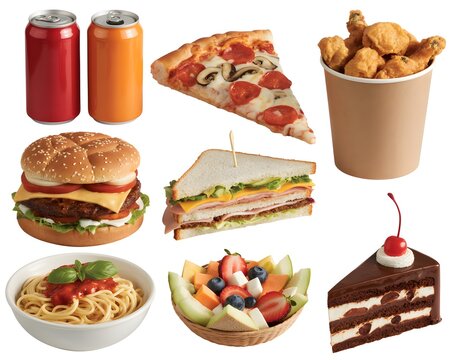 Fast food collection including burger pizza chicken nuggets pasta salad and cake