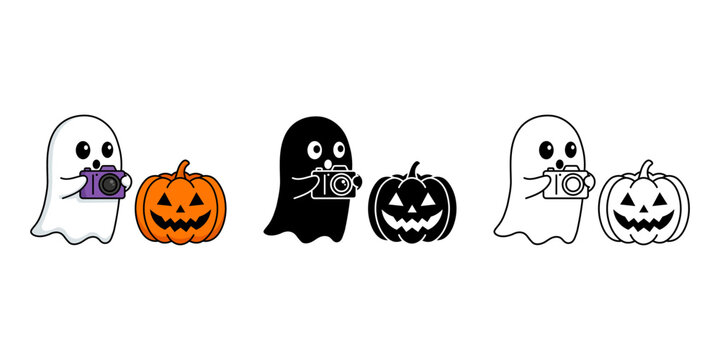 Cute cartoon ghost photographer with carved pumpkin in flat linear and silhouette styles for Halloween seasonal holiday decoration.