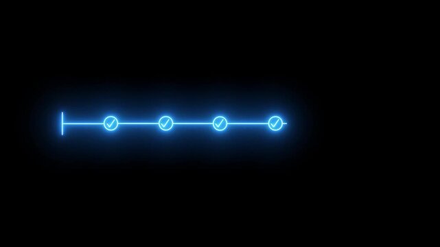 Glowing futuristic neon timeline interface with checkmark steps and process status indicators on a dark background.