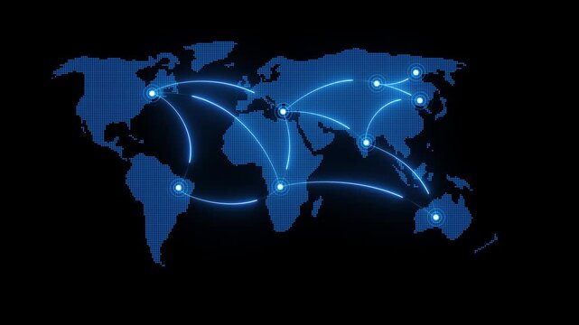 Advanced digital world map showing glowing nodes and international telecommunication data links on a dark background.