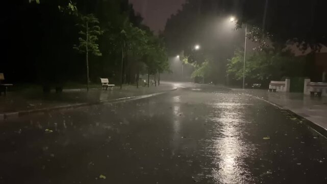 Heavy night rain on the road