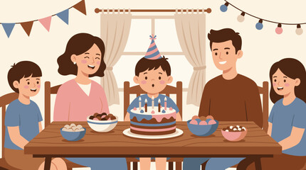 Fototapeta premium Family celebrating a young boy's birthday with cake and festive decorations