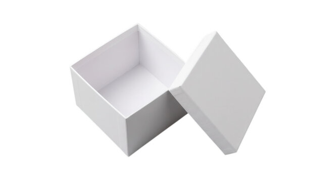 Open empty white gift box with lid resting on the side isolated on transparent background