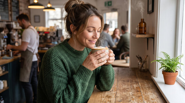 Young woman smiling and enjoying a coffee drink in a cozy caf&eacute;  