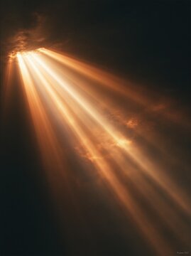 Golden sun rays piercing through dark clouds in a dramatic sky scene