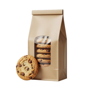 Paper grocery bag filled with chocolate chip cookies isolated on transparent background for food packaging mockups